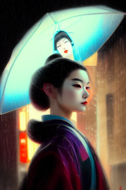 Image similar to photography face close - up portait of a beautiful young cyberpunk geisha half body in a kimono and with an white umbrella in city with neon lights, ambient lights, rainy day, digital painting, art station, by greg rutkowski