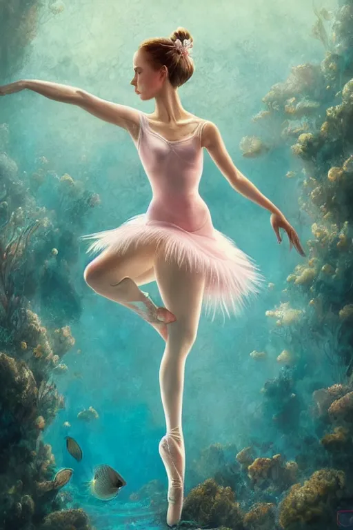 Image similar to stunningly beautiful, ballerina at the bottom of the great barrier reef by jaques cousteau, smooth, focus, highly detailed, hyper realistic, intricate, concept art, art by wlop