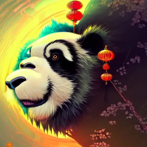 Image similar to a beautiful hyperdetailed character design 4 k wallpaper illustration of a cute panda with a chinese lion dance head victo ngai cyberpunk style, from china, style of studio ghibli, makoto shinkai, raphael lacoste, louis comfort tiffany, artgerm, james jean, ross tran, chinese style