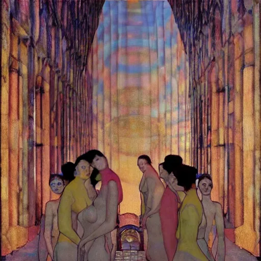 Image similar to a procession of women in a giant abandoned temple, hyperrealistic film still by gottfried helnwein, by klimt, by paolo uccello, art nouveau, highly detailed, lights by edward hopper, liminal, eerie, metaphysical, bright pastel colors,