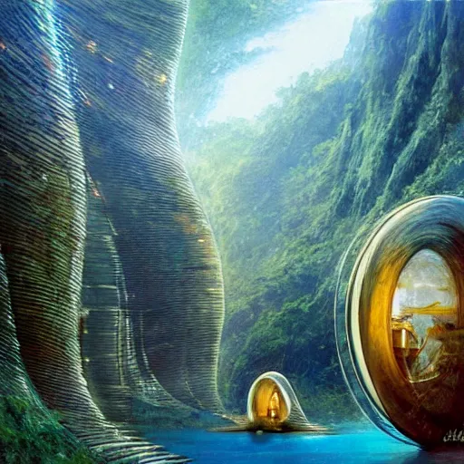 Prompt: beautiful portrait of bamboo living pods shaped like a sea shell embedded on the side of a cliff, windows, the time machine, spaceship by john berkey, panoramic view, ssci - fi, futuristic city, art by artgerm, artwork by peter gric and brian froud and esao andrews