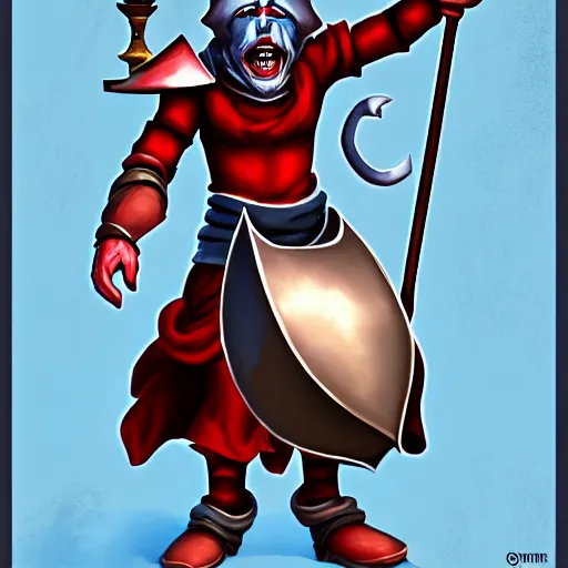 Image similar to of a realistic illustration dumb jester fool crusader knight that is the anti - communism crusader character, full plate, totally mad and yelling, shouting using a megaphone, artstation digital art,,