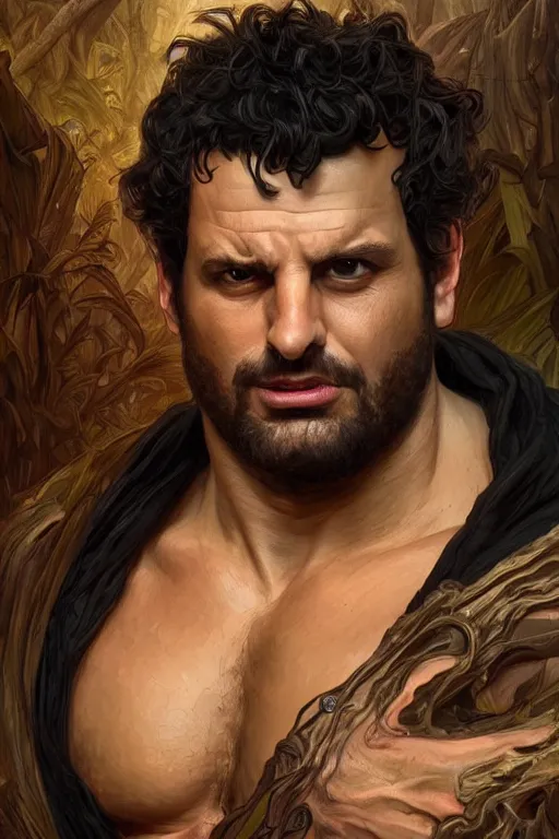 Prompt: portrait of ethan klein as a hulking herculean demon, forest, godlike, full body, fantasy, intricate, elegant, highly detailed, digital painting, artstation, concept art, sharp focus, illustration, art by artgerm and greg rutkowski and alphonse mucha