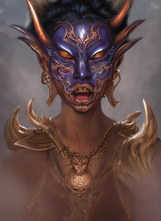 Prompt: a beautiful detailed oil on copper art illustration of a japanese blue devil mask devil woman, centered, by charlie bowater, zeng fanzh, trending on artstation, dim dusk lighting, cinematic lighting, detailed lighting, volumetric lighting, realistic, f 8, 4 k hd wallpaper