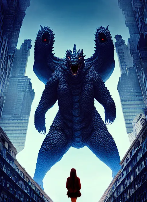 Image similar to artgerm, giant Kaiju dragon monster, god, tiny woman staring up at the Kaiju, expansive, symmetrical, unearthly, 8k, wide-shots, ginormous, horror, looming over city