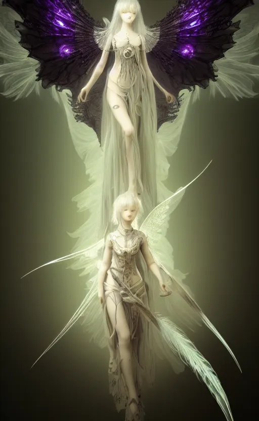 Prompt: angel knight gothic girl. intricate, centered, amazing composition by amano yoshitaka, by rembrandt, illustrious makinami, digital art, digital painting, artstation trending, unreal engine, fractal flame, transparent jellyfish, transparent feathers, bio luminescent, amethyst