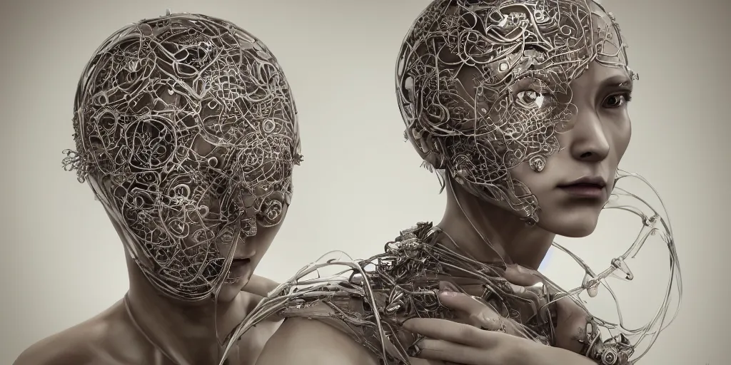 Prompt: hyper realistic photography of a beautiful cyborg androgynous humanoid, holding close, holding sphere, affectionately, intricate filigree, in the style of beth cavener, jin kagetsu, wlop, highly detailed, symmetry, masterpiece, concept art, ringflash, highkey lighting, ambient lighting, octane render, 8 k, artstation