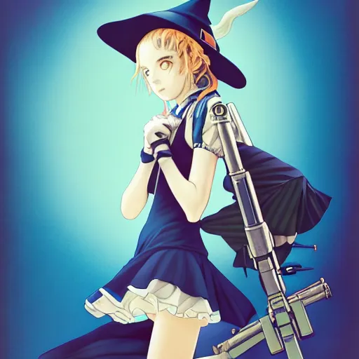 Prompt: portrait of a girl dressed as a witch holding a machine gun, last exile, blue submarine no. 6, loish, murata range, kawaii, yoshitaka amano, studio lighting, manga, bright colors, beautiful,35mm lens, vibrant high contrast, mucha, gradation, jean giraud, fantasy