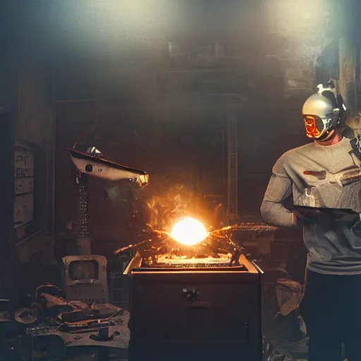 Image similar to cyborg with toaster oven chest, dark messy smoke - filled cluttered workshop, dark, dramatic lighting, orange tint, sparks, cinematic, highly detailed, sci - fi, futuristic, movie still