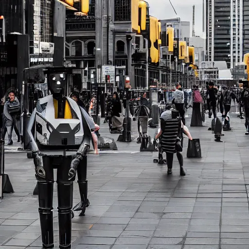 Image similar to a dystopian version of Flinders Street Melbourne Australia, robots in the street.