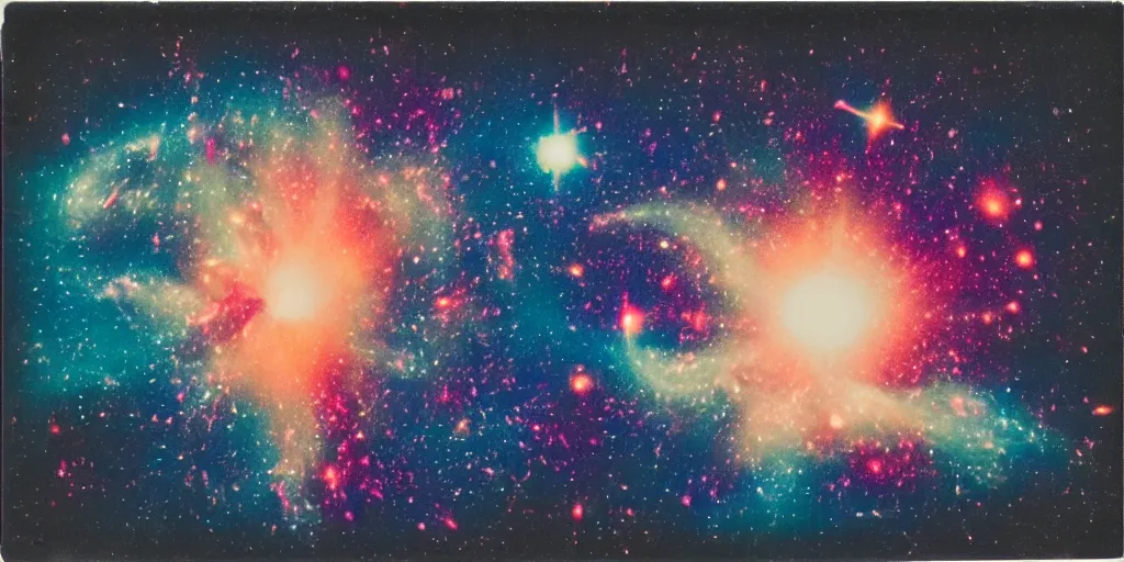 Prompt: polaroid photo of an explosion in outer space, multiple galaxies visible, rich colors, color bleed, lens flare