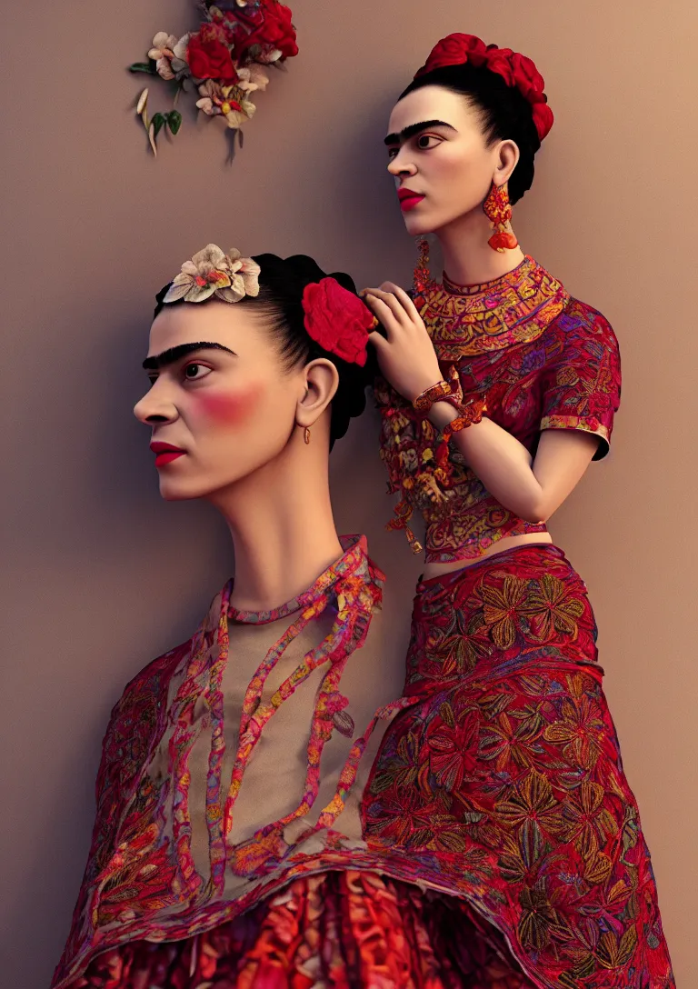 Image similar to cloths on frida khalo style, high detailed intricate fashion clothing, cotton texture, silk colors, ultra realistic, octane render, volumetric lights, long, wide skirts, loose - fitting blouses, elaborate hairstyles, and intricate embroidery