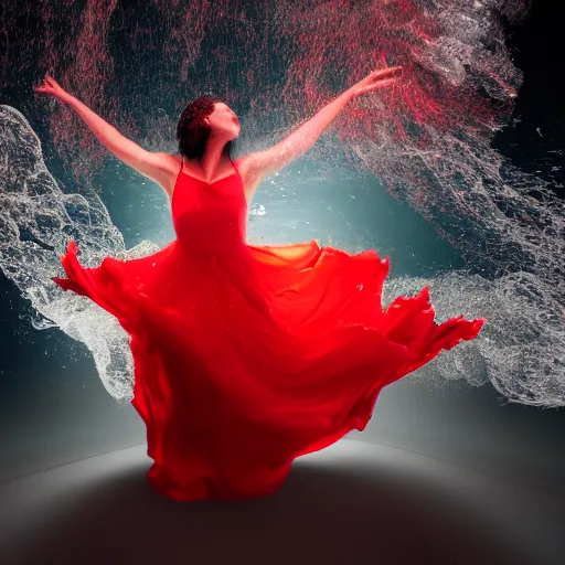 Image similar to woman dancing underwater wearing a flowing red dress made of seaweed, swirling smoke and thousands of silver fish in the background, octane render, caustics lighting from sunlight above, cinematic