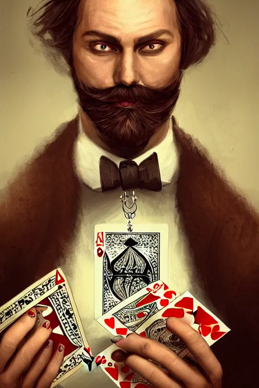 Prompt: neck bearded round face with no moustache, magician holding playing cards, realistic, modern, magicians eyes are covered with cloth, intricate, elegant, highly detailed, digital painting, artstation, concept art, addiction, chains, smooth, sharp focus, illustration, art by ilja repin