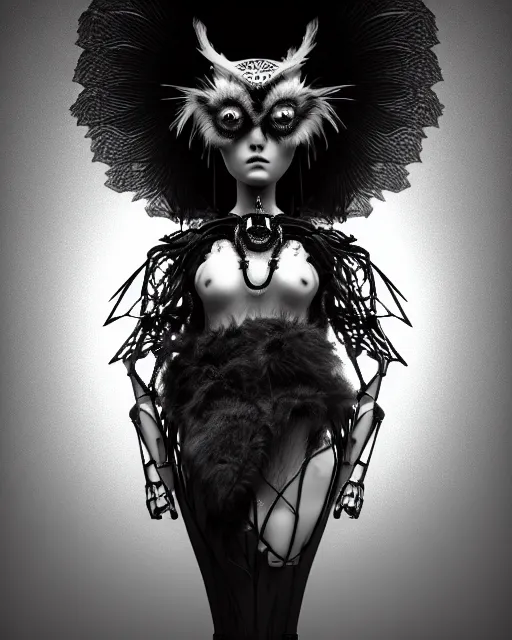 Image similar to surreal mythical dreamy dark artistic black and white fine art 3 / 4 fashion portrait photo of a young beautiful delicate female robot - witch - owl with orchid - doll face, rim light, cinematic, studio dramatic light, poetic, masterpiece, octane render, 8 k, photo - realistic by gustave dore hg giger