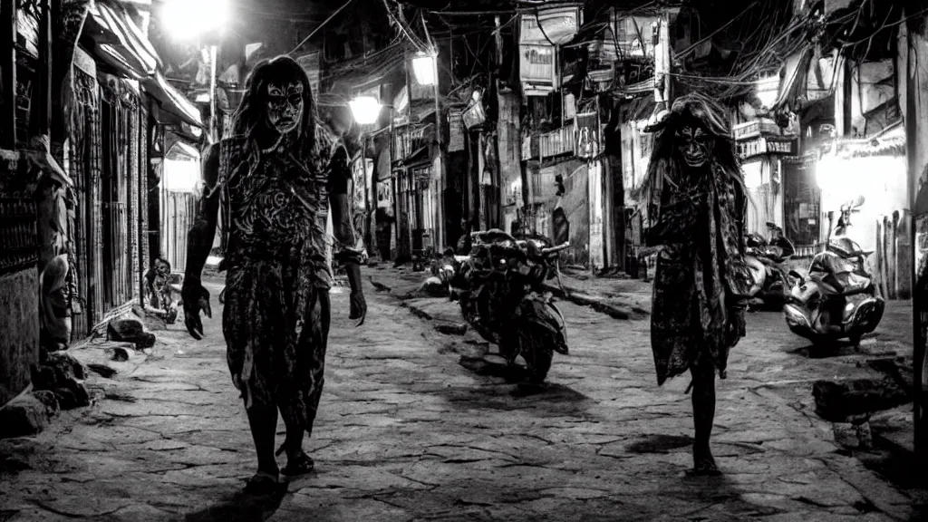 Image similar to khyah nepali demon roaming the streets of kathmandu at night, moonlight, scary looking