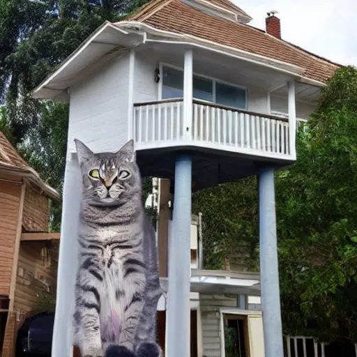 Prompt: a gigantic cat that towers over a house