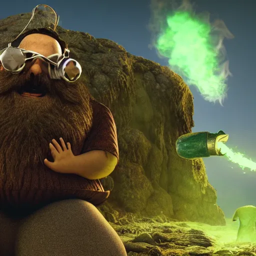 Image similar to highly detailed octane render of a short ugly fat man with a giant beard and wearing armour, goggles and a safety hat whilst laughing at a green mushroom cloud surrounded by dead insects in a cave