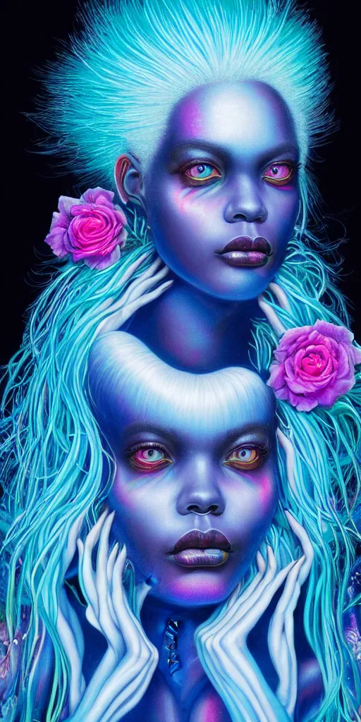 Image similar to hyperrealistic close-up of beautiful black woman with white hair and iridescent blue skin hannah yata dramatic neon lighting