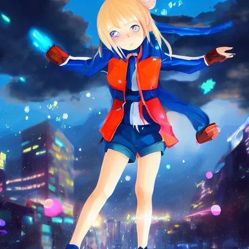 Image similar to Splash art Anime loli, blond hair with pigtails, blue coat and black shorts, she flies by using blue neon powers through the city. Cinematic sunset, faint orange light. Amazing piece Trending on Artstation