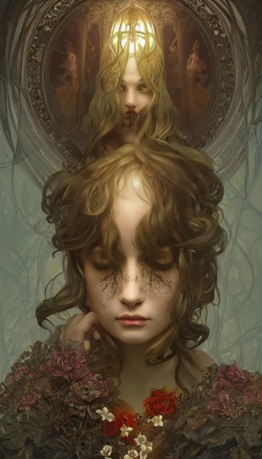 Image similar to dark twisted fairytale, fibonacci, sweat drops, insane, intricate, highly detailed, digital painting, artstation, concept art, smooth, sharp focus, illustration, Unreal Engine 5, 8K, art by artgerm and greg rutkowski and alphonse mucha