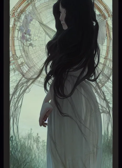 Image similar to pretty young woman with long black hair walking in the darkness, path traced, highly detailed, high quality, digital painting, by studio ghibli and alphonse mucha, leesha hannigan, makoto shinkai, disney