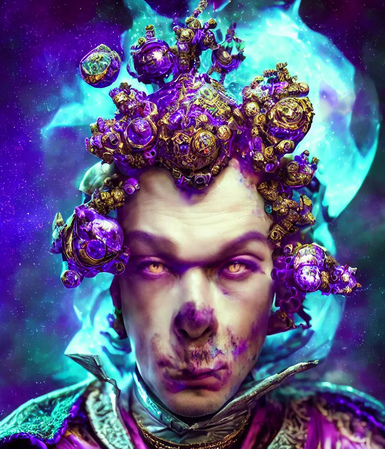 Image similar to impressive sublime front!! shot photo of a court jester character fine portrait fine portrait mesmerizing fractal hyper cubes platinum cracked dark future hyper dimensional space galactic crystal nebula edges elegant detailed intricate concept artstation sharp focus ray tracing cinematic masterpiece temporal corruption beeple wlop germ 8 4 k scifi glossy hyper realistic illustration canon eos r 3 fujifilm x - t 3 0 sony alpha a 6 6 0 0