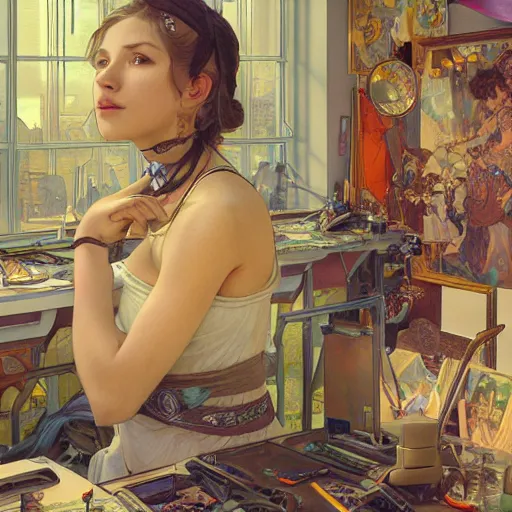 Prompt: a computer graphics artist with a ballcap in a messy room at the computer animating, ultra realistic, concept art, intricate details, serious, highly detailed, photorealistic, octane render, 8 k, unreal engine. art by artgerm and greg rutk owski and alphonse mucha