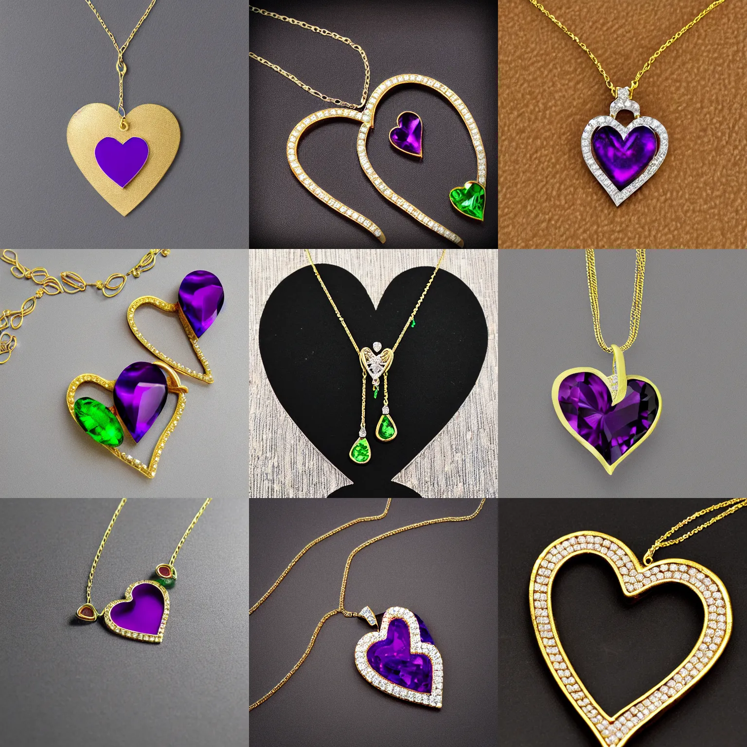 Prompt: gold and diamond thin curly heart shaped necklace hanger with fine purple and green stones, very realistic, ultra detailed, centered, photograph, elegant, on black background
