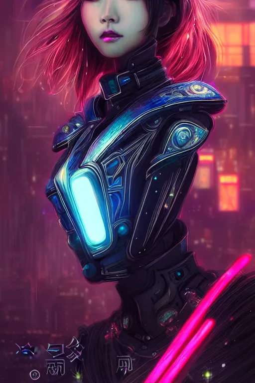 Image similar to portrait futuristic wuxia armor heroine Girl with thunder and fire sparkles and starlight, n future cyberpunk tokyo flowers sea rainning rooftop , ssci-fi, fantasy, intricate, very very beautiful, elegant, human structure, neon light, highly detailed, digital painting, artstation, concept art, smooth, sharp focus, illustration, art by tian zi and WLOP and alphonse mucha