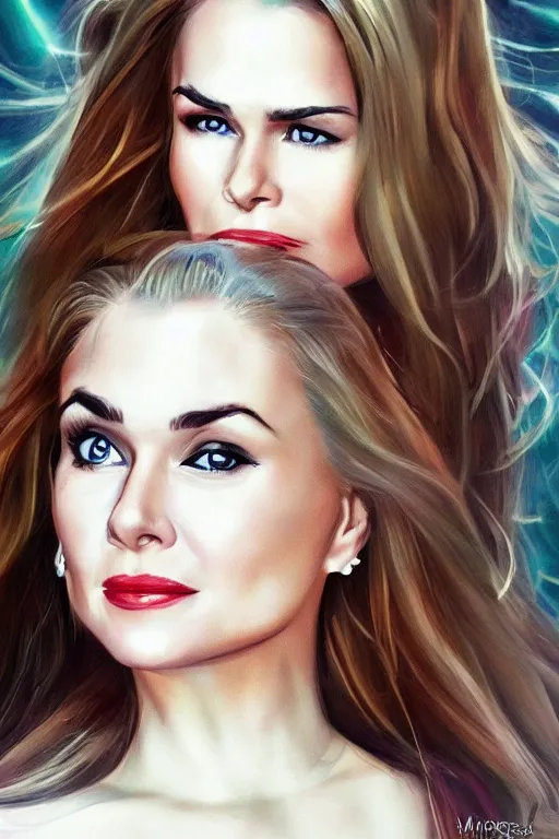 Prompt: portrait of a mix of beautiful young maria shriver, mariel hemmingway, brooke shields, nicole kidman and elle macpherson as supergirl, thin lips, hair tied up in a pony tail, colorful artstation, cgsociety