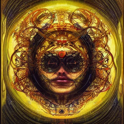 Prompt: a beautiful visionary portrait of Divine Chaos Engine by Karol Bak, Jean Deville, Gustav Klimt, and Vincent Van Gogh, sacred geometry, mystic, otherworldly, fractal structures, ornate gilded medieval icon, third eye, spirals