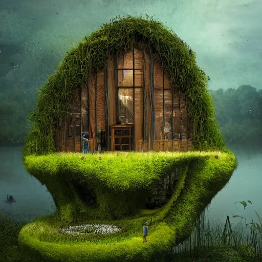 Image similar to beautiful organic house made of imaginary plants in a swamp, architectural render, chillwave, by isaac cordal, gabriel dawe, skottie young and jessica rossier, blender, vegetal architecture, junglepunk, trending on artstation.