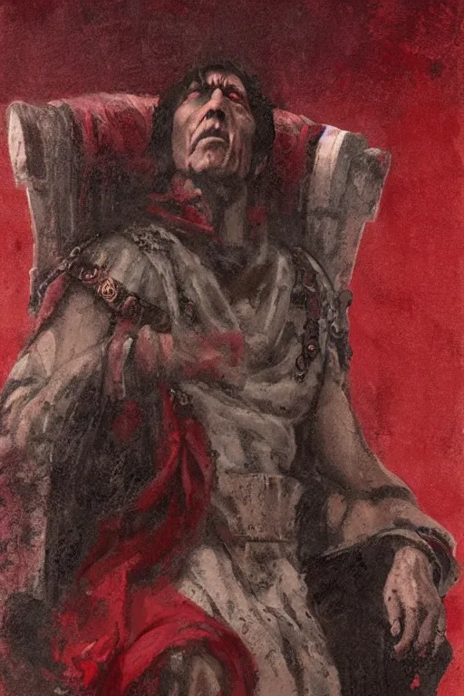 Image similar to the end is near. a tired julius caesar is sitting on his throne. face is highly detailed. splices of red are running down his toga. mist. color scheme red. low angle medium shot. imagined by jeremy lipking and greg rutkowski