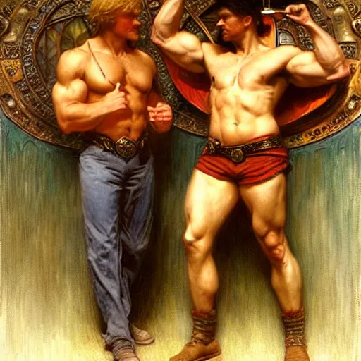 Image similar to attractive muscular arthur pendragon and muscular attractive merlin go to a pub together to have some drinks. highly detailed painting by gaston bussiere, craig mullins, j. c. leyendecker, alphonse mucha 8 k