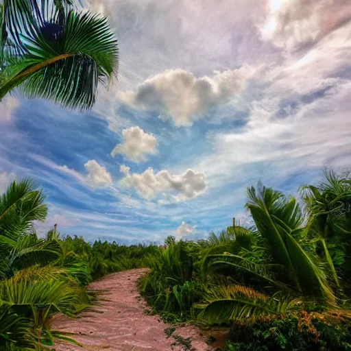 Image similar to Heaven Like place with beautiful clouds and palm trees