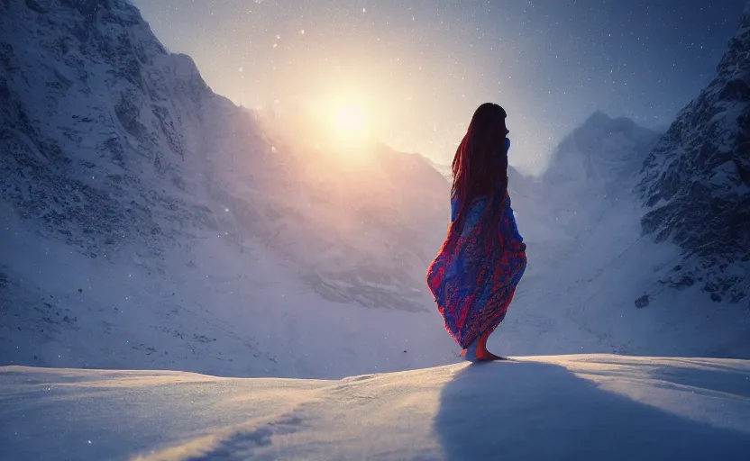 Image similar to Himalayan woman walking barefoot in the snow, beautiful flowing fabric, sunset, dramatic angle, cold, lost, hopeless, dynamic pose, 8k hdr pixiv dslr photo by Makoto Shinkai ilya kuvshinov and Wojtek Fus