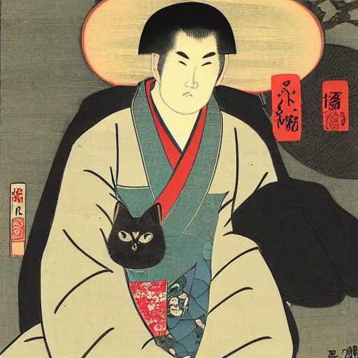 Image similar to angry japanese man with cat perched on his shoulder, vintage, painting by utamaro