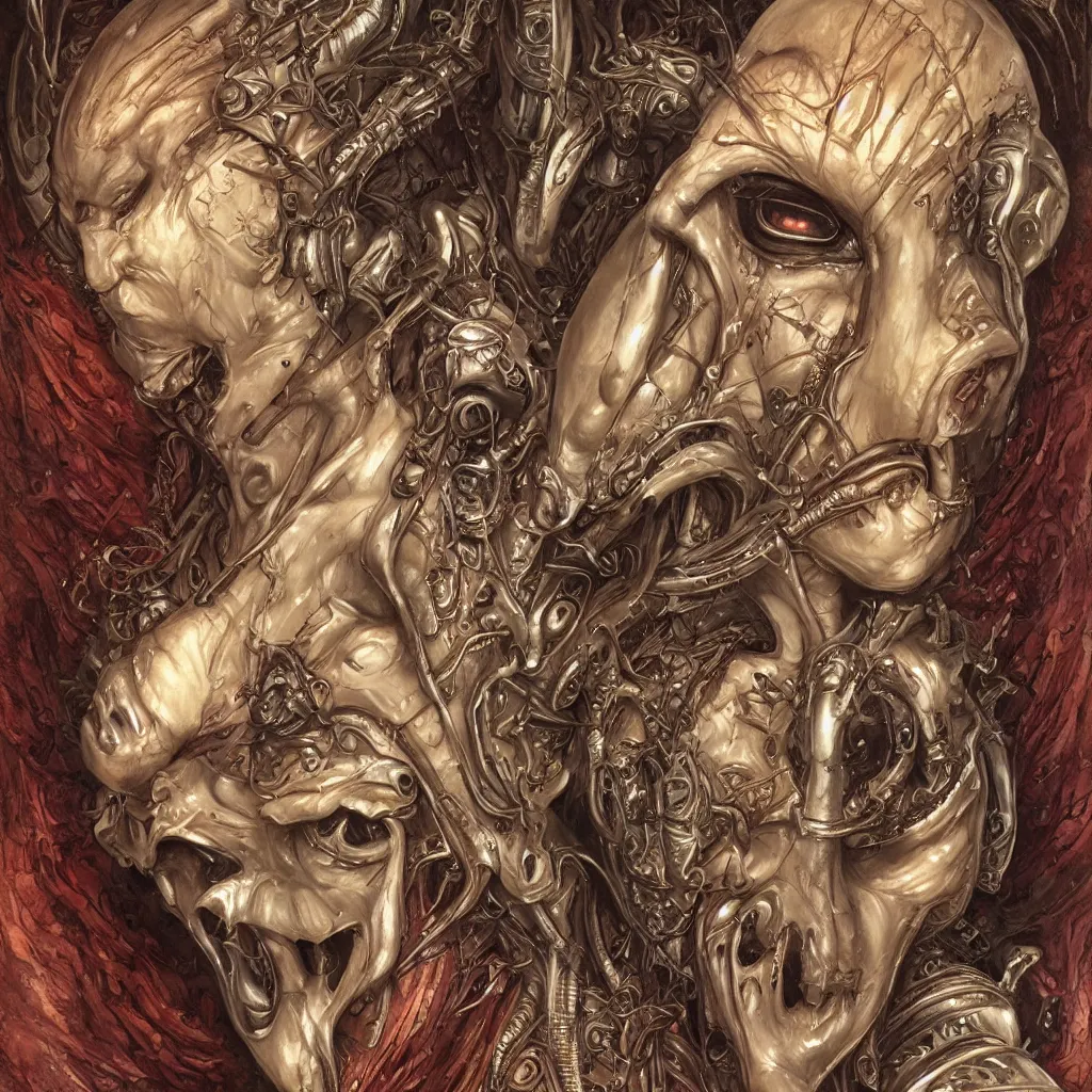 Image similar to beautiful and exotic alien queen bust portrait, glowering judging eyes, art nouveau declotage, perfect symmetrical facial features, hyperrrealistic bone structure, extremely hyperdetailed, mixed media painting, unreal engine, 8 k, octane, 8 mm, by travis charest, rodney matthews and olivia de bernardinis
