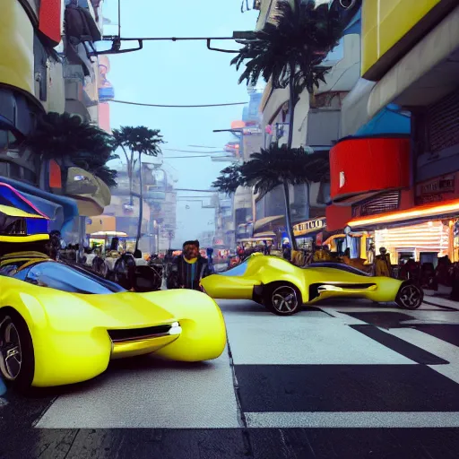 Image similar to wide shot of sleek yellow hover cars with stripes floating in the middle of a busy street in lagos, futuristic architecture, flamboyantly dressed africans walking, talking and trading, blade runner environment, digital concept art illustration by akihiko yoshida and jean - baptiste monge and makoto shinkai and wlop and wadim kashin, 4 k artstation