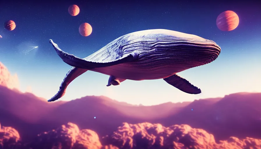 Image similar to highly detailed cinematic scifi render of a flying whale over the tuscany skies, cypresses and hills, stars and planets, hyper detailed, digital art, led lighting, studio quality, smooth render, unreal engine 5, octane render, trending on artstaion.