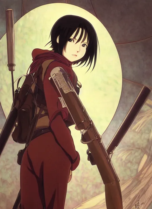 Image similar to portrait of mikasa from aot in odm gear, highly detailed, high quality, digital painting, by studio ghibli and alphonse mucha, leesha hannigan, hidari, art nouveau, chiho aoshima, posuka demizu