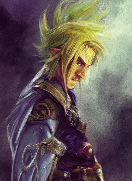 Image similar to character study painting of Link from Legend of Zelda Twilight Princess with golden hair and a long green pointed cap flowing in the wind, by Jeremy Mann, stylized, detailed, realistic, loose brush strokes, intricate, intimate, dark fantasy vibes, muted colors