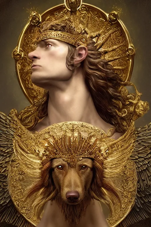 Image similar to a dog as god with a radiant halo and wings, detailed face, gorgeous, flowing hair, very muscular male body, partial anatomy, stormy and grand war scene, delicate and intricate borders for decoration, caesar victorious, proud Emperor, split lighting, intricate, highly detailed, 8K, digital painting, fantasy, concept art, sharp focus, close-up, art by greg rutkowski beeple and alphonse mucha