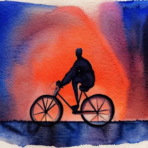 Prompt: person riding a bicycle, very beautiful watercolor painting, red dark - blue and orange color palette