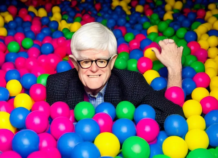 Prompt: photo still of phil donahue in a ball pit!!!!!!!! at age 6 6 years old 6 6 years of age!!!!!!!! hiding from parents, 8 k, 8 5 mm f 1. 8, studio lighting, rim light, right side key light