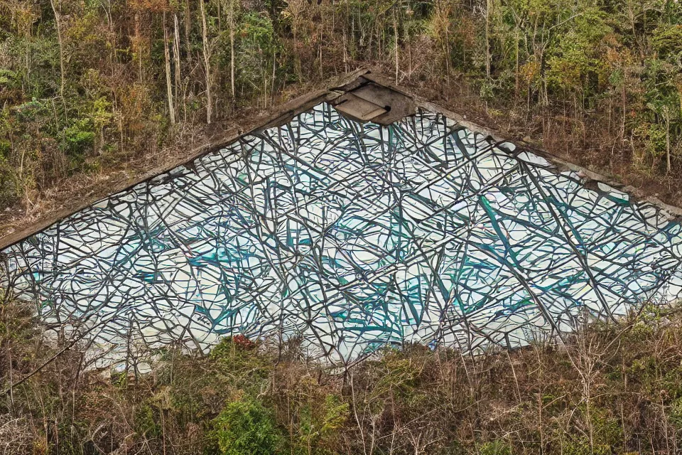 Prompt: geometric anamorphic graffiti of a forest on an abandoned factory, by birdo, alex maksiov and john pugh