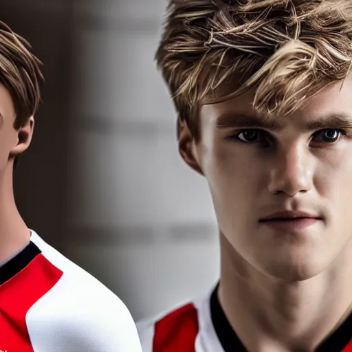 Image similar to a realistic detailed photo of a guy who is an attractive humanoid who is half robot and half humanoid, who is a male android, soccer player martin ødegaard, shiny skin, posing like a statue, blank stare, in a living room, on display