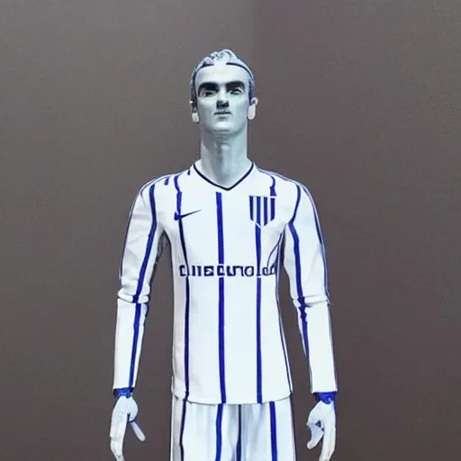 Image similar to “ a realistic detailed photo of a guy who is an attractive humanoid who is half robot and half humanoid, who is a male android, soccer player antoine griezmann, shiny skin, posing like a statue, blank stare, at the museum, on display ”