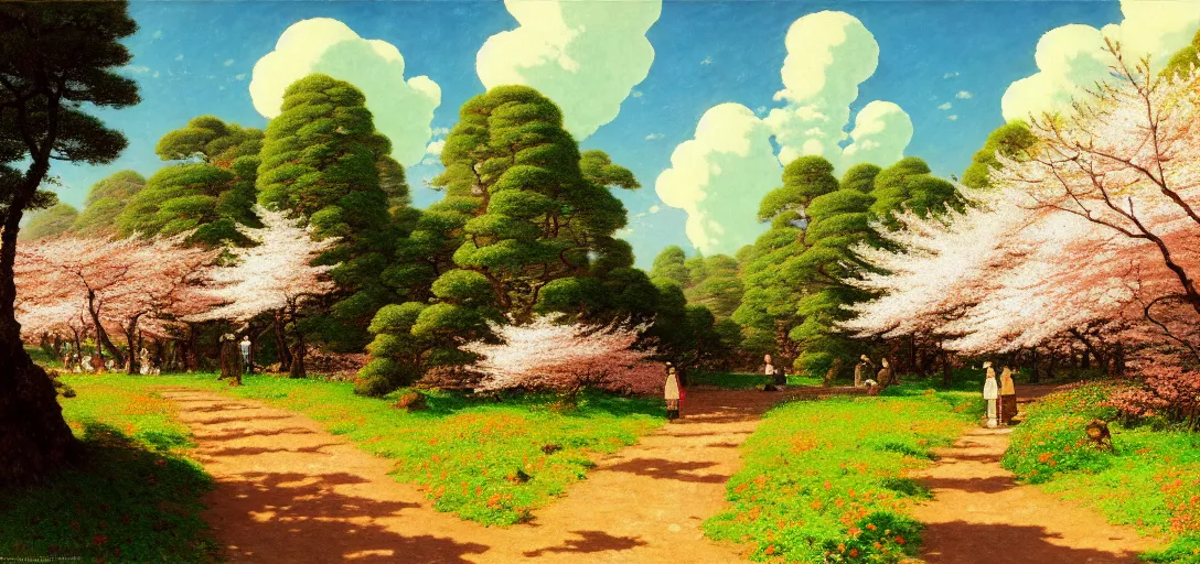 Image similar to ghibli illustrated background of a trail leading through a strikingly beautiful sulfur field, and cherry blossoms by vasily polenov, eugene von guerard, ivan shishkin, albert edelfelt, john singer sargent, albert bierstadt 4 k